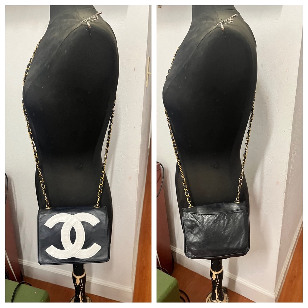 Authentic Chanel CoCo Mark Black & White Leather Women Mini Handbag